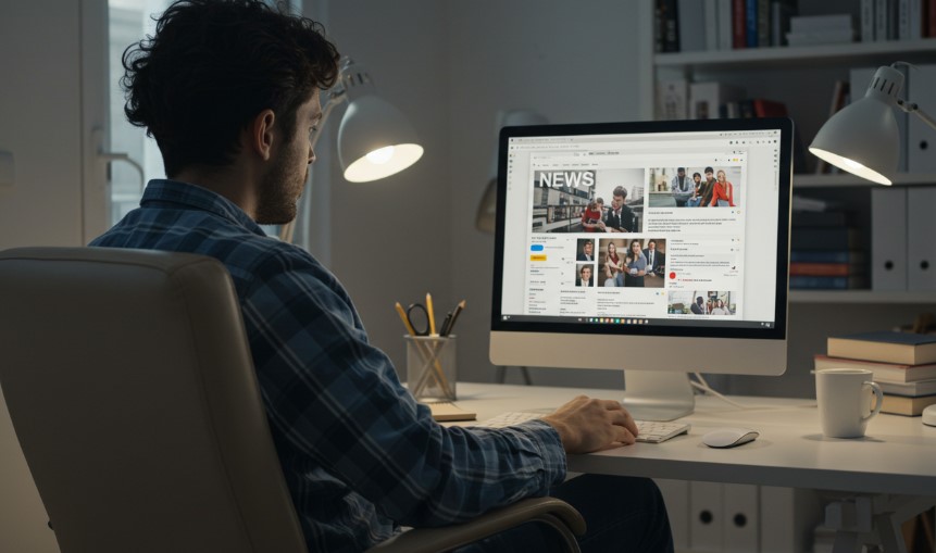 Man reading news on his PC